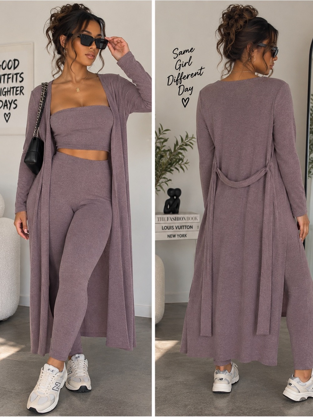 Three Piece Set Womens Large Mauve Knit Duster Crop Bandeau High Waist Leggings